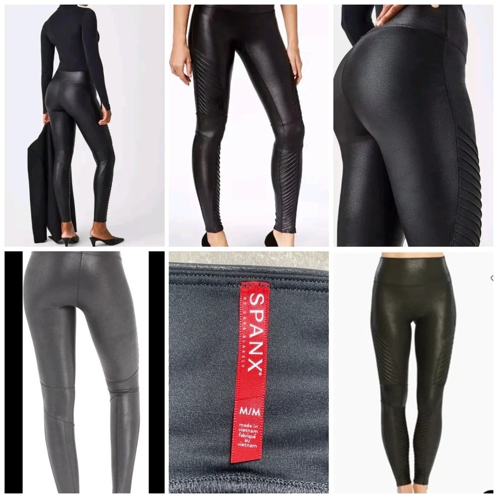 Spanx Faux Leather Moto Black Leggings Medium High rise quilted New 20136R